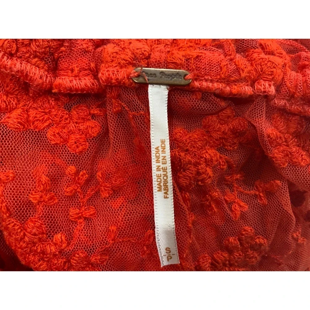 Free People Red Sheer Lace Embroidered Off Shoulder Tassel Blouse Small OB643444
